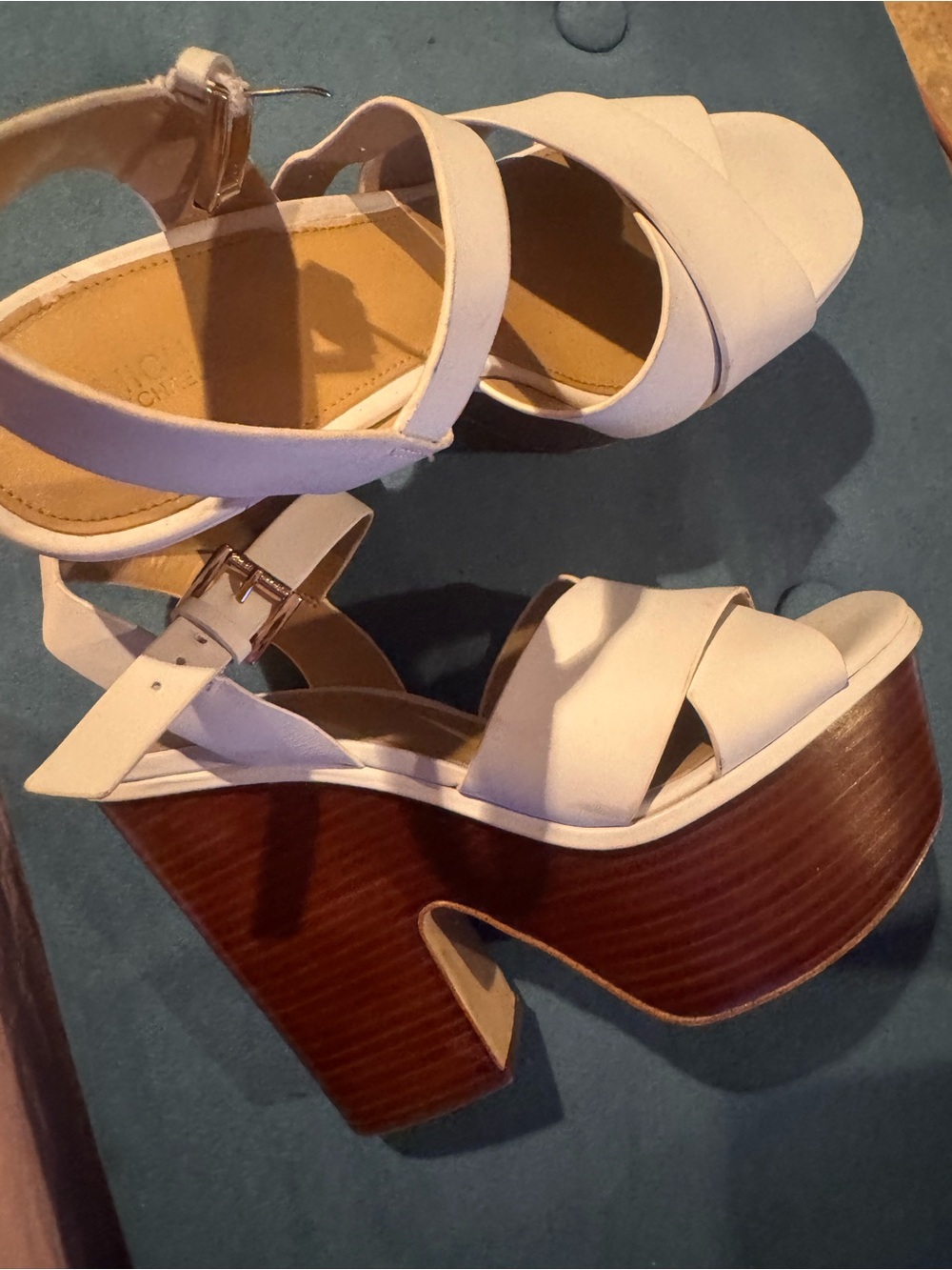 Michael Kors Cream Platform Sandal with Wood-Effect Block Heel
